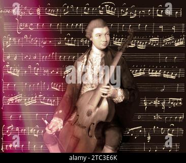 Carl Friedrich Abel, 1723–1787, deutscher Komponist, digital bearbeitet nach einem Gemälde von Thomas Gainsborough, Sonaten für Viola da Gamba und Bass, geschrieben in eigener Hand Stockfoto