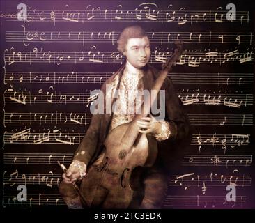 Carl Friedrich Abel, 1723–1787, deutscher Komponist, digital bearbeitet nach einem Gemälde von Thomas Gainsborough, Sonaten für Viola da Gamba und Bass, geschrieben in eigener Hand Stockfoto
