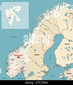 Norwegen Grafschaften und Gemeinden detaillierte Vektorkarte mit benachbarten Ländern und Gebieten Stock Vektor