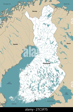 Finnland Seen und Flüsse Vektorkarte mit den Hauptstädten der Regionen, umgeben von Nachbarländern und Territorien Stock Vektor