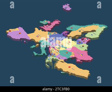 Politische isometrische Karte Europas mit Ländernamen und Flaggensymbolen. Vektorabbildung Stock Vektor