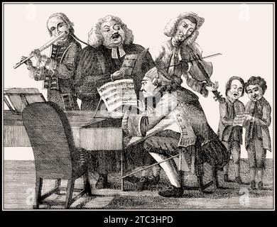 Musikgruppe mit Händel, Bach, Tartini, Gluck, Quanz, Jomelli, Karikatur aus dem 18. Jahrhundert Stockfoto