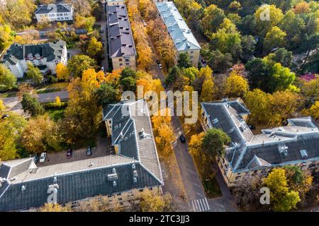 Drohnenflug über ein Wohngebiet der Stadt mit mittelhohen Gebäuden in Herbstfarben Stockfoto