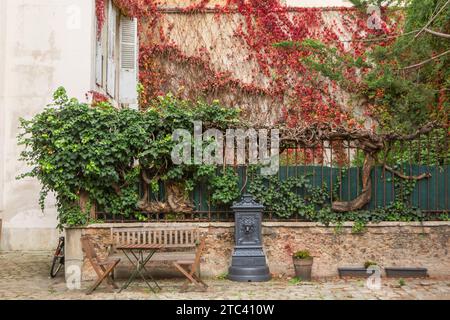 Farbenfroher Efeu. Roter Kriecher an der Hauswand. Holztisch und -Stuhl und Brunnen neben dem Zaun im Hinterhof mit Vegetation. Versailles, Frankreich Stockfoto