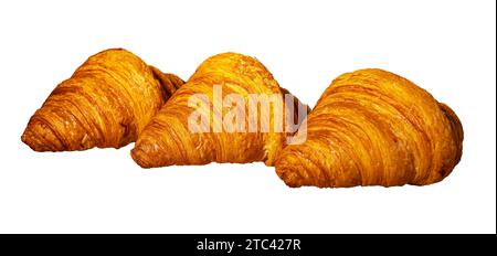 Drei frische Croissants, französische Bäckerei, Brötchen, Brötchen isoliert auf weißem Hintergrund. Stockfoto