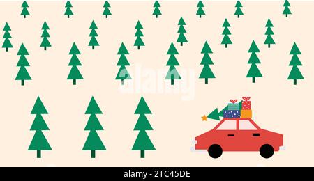 Auto mit Geschenken, Geschenken und beweglicher Illustration des Weihnachtsbaums Stock Vektor