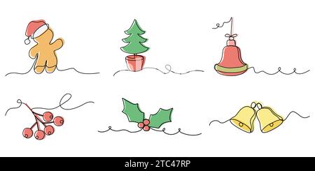 Satz Weihnachtslinie Künste mit farbigem Hintergrund, durchgehende Linie Vektor Illustration Stock Vektor