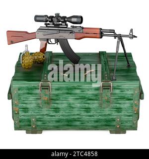 Sturmgewehr mit Teleskopsicht und Zweibeinstativ, Handgranaten auf militärischer hölzerner Munitionsbox, 3D-Rendering isoliert auf weißem Hintergrund Stockfoto