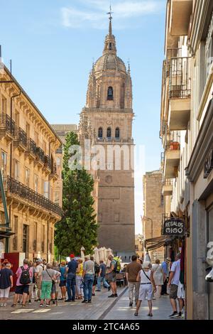 Touristen und Urlauber vor der Kathedrale von Salamanca zur Himmelfahrt der Jungfrau Maria in der spanischen Stadt Salamanca Castile Leon Spanien Stockfoto