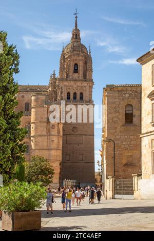 Touristen und Urlauber vor der Kathedrale von Salamanca zur Himmelfahrt der Jungfrau Maria in der spanischen Stadt Salamanca Castile Leon Spanien Stockfoto