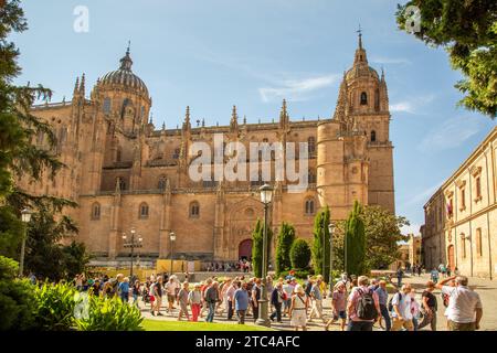 Touristen und Urlauber vor der Kathedrale von Salamanca zur Himmelfahrt der Jungfrau Maria in der spanischen Stadt Salamanca Castile Leon Spanien Stockfoto