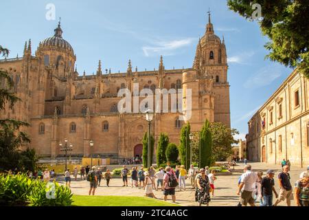 Touristen und Urlauber vor der Kathedrale von Salamanca zur Himmelfahrt der Jungfrau Maria in der spanischen Stadt Salamanca Castile Leon Spanien Stockfoto