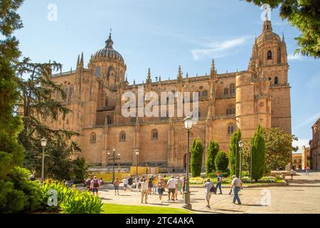 Touristen und Urlauber vor der Kathedrale von Salamanca zur Himmelfahrt der Jungfrau Maria in der spanischen Stadt Salamanca Castile Leon Spanien Stockfoto