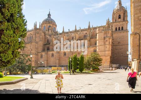 Touristen und Urlauber vor der Kathedrale von Salamanca zur Himmelfahrt der Jungfrau Maria in der spanischen Stadt Salamanca Castile Leon Spanien Stockfoto