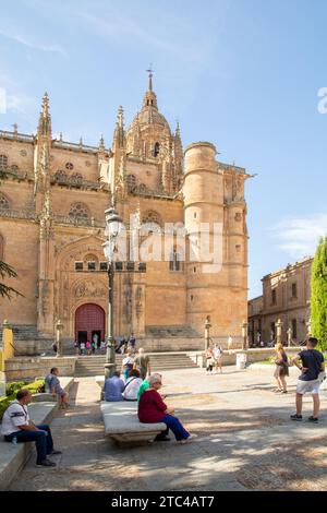 Touristen und Urlauber vor der Kathedrale von Salamanca zur Himmelfahrt der Jungfrau Maria in der spanischen Stadt Salamanca Castile Leon Spanien Stockfoto