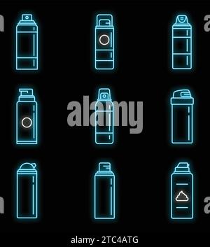 Symbolsatz für Rasierschaum-Flaschen. Umrisssatz von Rasierschaum Flasche Vektorsymbolen Neonfarbe auf Schwarz Stock Vektor