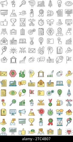 Startsymbole festgelegt. Kontursatz von Startup-Vektorsymbolen dünne Linie flach auf weiß Stock Vektor