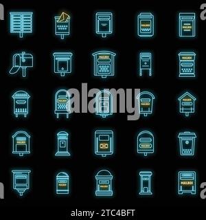 Metallsymbole für Mailbox. Kontursatz von Metall-Mailbox-Vektorsymbolen Neonfarbe auf Schwarz Stock Vektor