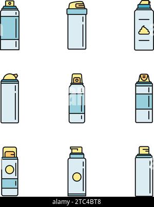 Symbolsatz für Rasierschaum-Flaschen. Kontursatz von Rasierschaum Flasche Vektor Symbole dünne Linie Farbe flach auf weiß Stock Vektor
