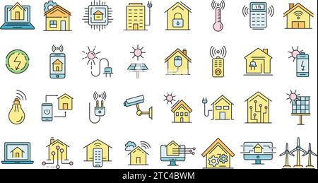 Symbole für autonomes Haus eingestellt. Kontursatz autonomer Hausvektorsymbole dünne Linie flach auf weiß Stock Vektor