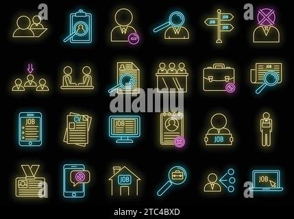 Symbole für Arbeitslose im Büro gesetzt. Kontursatz arbeitsloser Bürovektorsymbole Neonfarbe auf Schwarz Stock Vektor