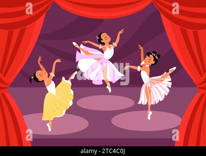 Ballettszene. Ballerinas Mädchen treten auf der Bühne auf. Tanzshow für Kinder. Leichtes Tutus. Spitzenschuhe. Roter Theatervorhang. Choreographische Positionen. Tänzer Stock Vektor