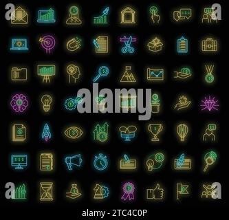 Startsymbole eingestellt. Umreißt einen Satz von Startzymbolen in Neonfarbe auf Schwarz Stock Vektor