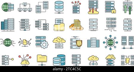 Datacenter-Symbole festgelegt. Kontursatz von Vektorsymbolen für Rechenzentren, dünne Linie, flach auf weiß Stock Vektor