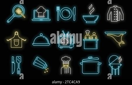 Kochshow Bäckerei Icons Set. Umrisssatz der Kochshow Bäckerei Vektor Symbole Neonfarbe auf Schwarz Stock Vektor