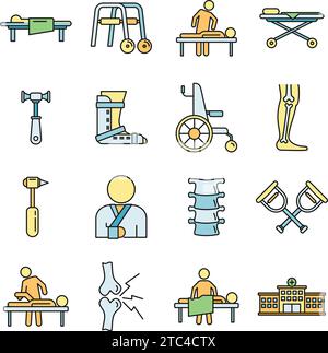 Medizinische Chiropraktiker-Symbole gesetzt. Umriss Satz medizinischer Chiropraktor Vektor-Symbole dünne Linie Farbe flach auf weiß Stock Vektor