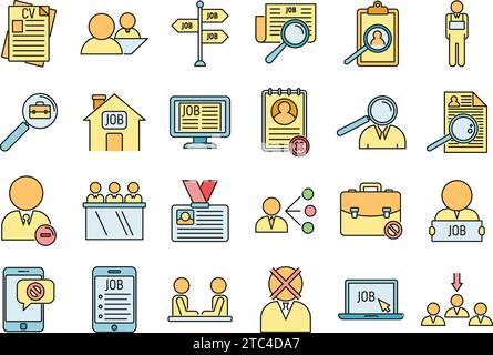 Symbole für Arbeitslose im Büro gesetzt. Kontursatz arbeitsloser Bürovektorsymbole dünne Linie flach auf weiß Stock Vektor