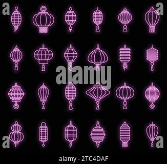 chinesische Straßenlaternen-Ikonen gesetzt. Umrisssatz der Straße chinesische Laterne Vektor Symbole Neonfarbe auf Schwarz Stock Vektor