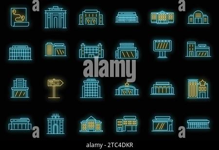 Ausstellungszentrum Ikonen gesetzt. Skizzieren Satz von Ausstellungszentrum Vektor-Icons Neonfarbe auf schwarz Stock Vektor