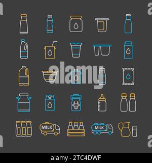 Symbol für Milchdosen und Flaschen auf dunklem Hintergrund. Schild für Milchprodukte. Diagrammsymbol für Design, Logo, App, UI und Website für das Kochen Stock Vektor