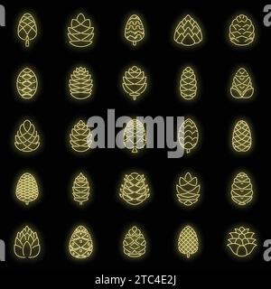 Botanische Icons aus Kiefernkegel. Kontursatz von Kiefernkegel botanische Vektorsymbole Neonfarbe auf Schwarz Stock Vektor