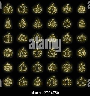 Gartenkürbis-Symbole Set. Umrisssatz von Garten Kürbis Vektor Symbole Neonfarbe auf Schwarz Stock Vektor