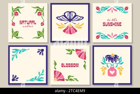 Groovige quadratische Poster mit groovigem Schmetterling, Blumen in Vase, botanische Elemente im matisse-Stil. Trendige Banner mit abstrakten Blüten und modernen Bio-Pflanzen. Moderne, naive Innenrahmen. Stock Vektor