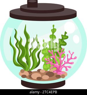 Aquariumelement. Fischschale mit Algen und Steinen. Leeren Sie den Fischtank. Glaskugelbehälter. Unterwasserpflanzen. Meeresalgen und Sand. Unterwassertiere Stock Vektor
