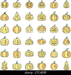 Gartenkürbis-Symbole Set. Kontur Satz von Garten Kürbis Vektor Symbole dünne Linie Farbe flach auf weiß Stock Vektor