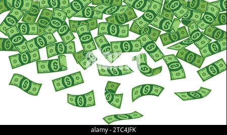 Sinkende Dollars. Cartoon-grüner Dollar fliegt, Geld Regen Hintergrund. Finanz- und Bankwesen, Investmentgewinn-Metapher. Neoterische Vektorbanner Stock Vektor