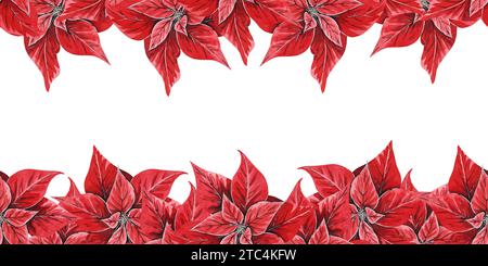 Nahtlose Weihnachtsgrenze mit Weihnachtsstern, nahtloses Banner, handgemalte Aquarellillustration. Blumen-Illustration für Weihnachten, Neujahr Stockfoto