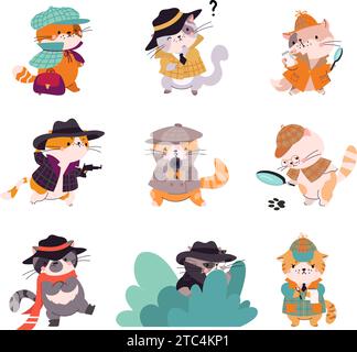 Katzendetektive Cartoon Maskottchen. Niedliche Katze im Anzug hält Lupe, liest Notizen und sieht Schritte aus. Tierdetektivfiguren, heute Vektor Stock Vektor