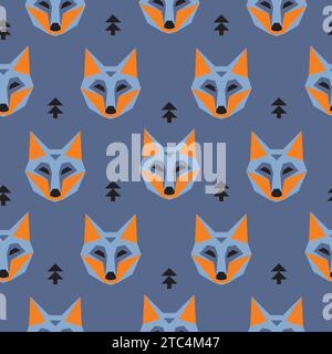 Geometrische Füchse und Waldpflanzenelemente. Wildes Tier im Wald. Blaue und orangene Wiederholungsmuster für Tapeten und Stoffhintergrund. Stock Vektor