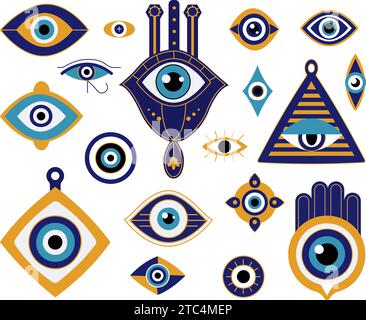 Cartoon Evil Eyes verschiedene Maskottchen. Blaue Schutzamulette, Hand von fatima und spirituelles Dreieck. Auge der Vorsehung, magischer anständiger Vektor-Clipart Stock Vektor