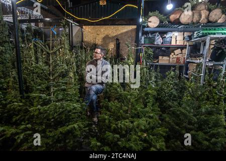 Barcelona, Spanien. Dezember 2023. Ein Weihnachtsbaumverkäufer wird auf dem traditionellen Weihnachtsmarkt in Santa Lucia gesehen. Die Stadt Barcelona ist bereits in die Weihnachtszeit eingetaucht. Weihnachtsdekoration, Kunsthandwerksmessen und weihnachtliche Straßenbeleuchtung in Einkaufszentren fördern den Verkauf und die Unterhaltung von Familien. (Foto: Paco Freire/SOPA Images/SIPA USA) Credit: SIPA USA/Alamy Live News Stockfoto