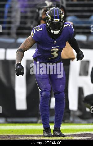 Baltimore, Usa. Dezember 2023. Der Baltimore Ravens Wide Receiver Odell Beckham Jr. (3) feiert einen Touchdown gegen die Los Angeles Rams während der ersten Halbzeit im M&T Bank Stadium in Baltimore, Maryland, am Sonntag, den 10. Dezember 2023. Foto: David Tulis/UPI Credit: UPI/Alamy Live News Stockfoto