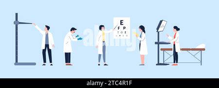 Ärzte mit unterschiedlicher medizinischer Ausrüstung. Ophthalmologie, mrt, Therapeut. Überprüfen Sie in Krankenhaus oder Klinik, Gesundheitsteam bei der Arbeit Vektorfiguren Stock Vektor