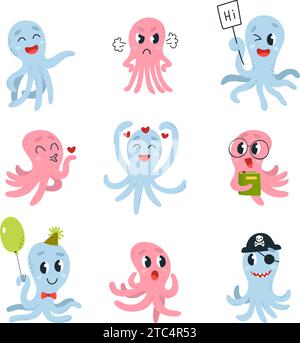 Niedliches Unterwasser-Oktopus-Set. Kindliches Maskottchen, Ozean- oder Meereswelt-Charaktere. Cartoon Kraken Pirate, verliebt und wütend, klassische Vektor Clipart Stock Vektor