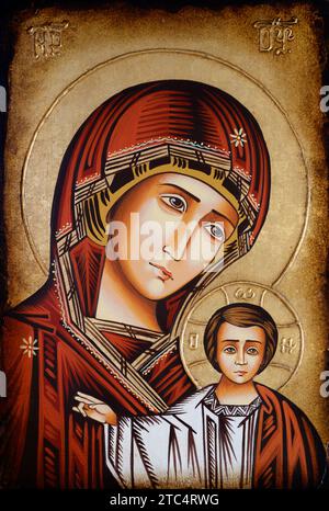 Byzantinische Ikone der Mutter Gottes mit dem Jesuskind. Stockfoto