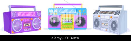 Boombox. Farbenfroher Stereo-Recorder zum Hören von Radiomusik auf Kassetten, tragbarer Retro-Player Hip-Hop-Kultur der 80er Jahre im Ghetto, Boom Box Party 90er Jahre Vektor Illustration von Stereo-Audio-Sound Stock Vektor